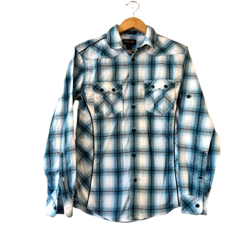 HELIX Men's Athletic Fit Plaid Shirt Size S Blue Button Up Roll Tab Sleeve